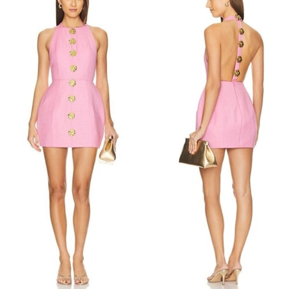 Atoir The Tiffany Dress in Blush Pink Gold Rose Structured Open Back Mini